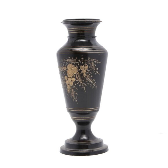 Vintage Brass Etched Aftaba Coffee Tea Pot and Vase Engraved Gold Black India - Picture 3 of 15